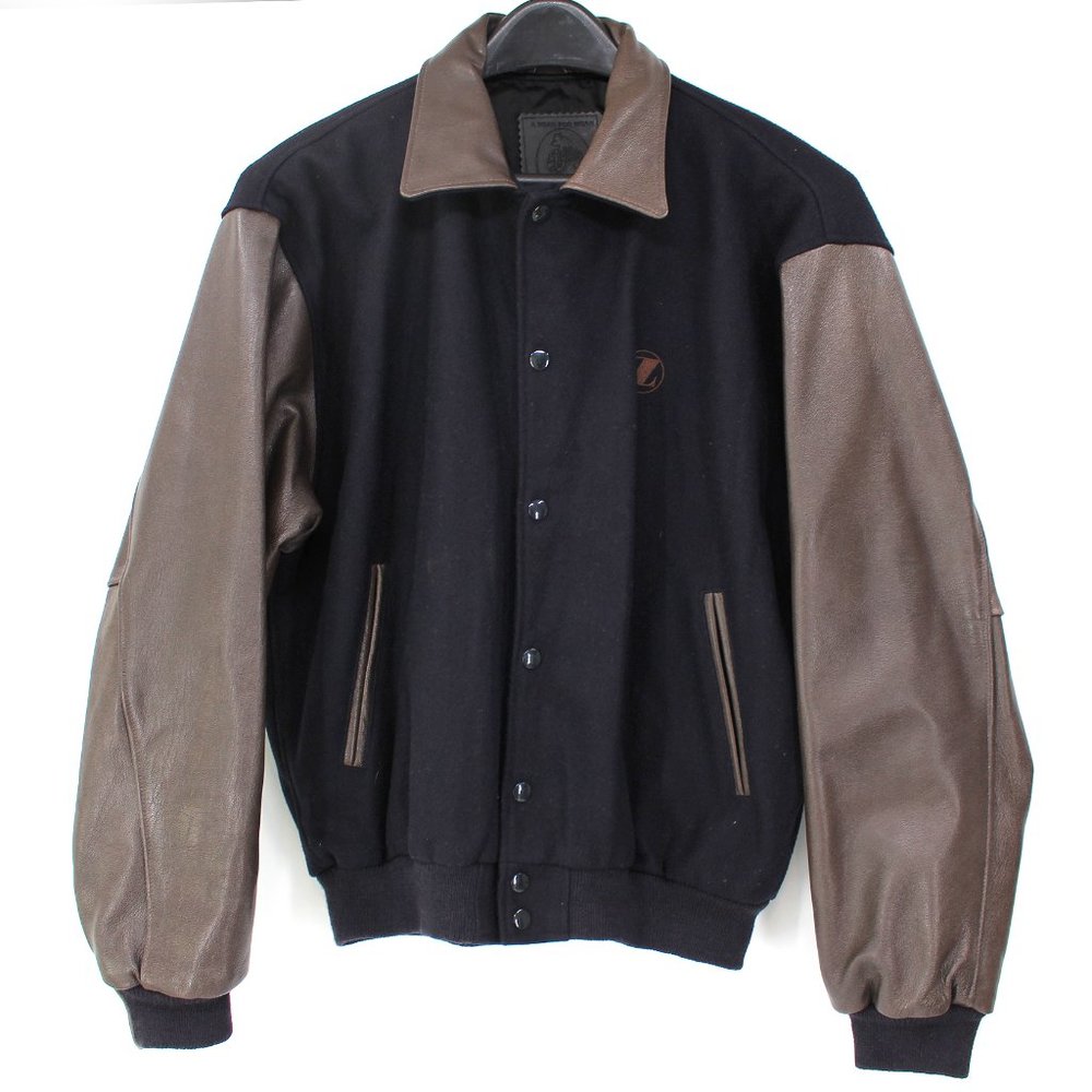 Golden Bear Navy Wool Brown Leather Sleeve Varsity Jacket L Bomber Z Embroidered